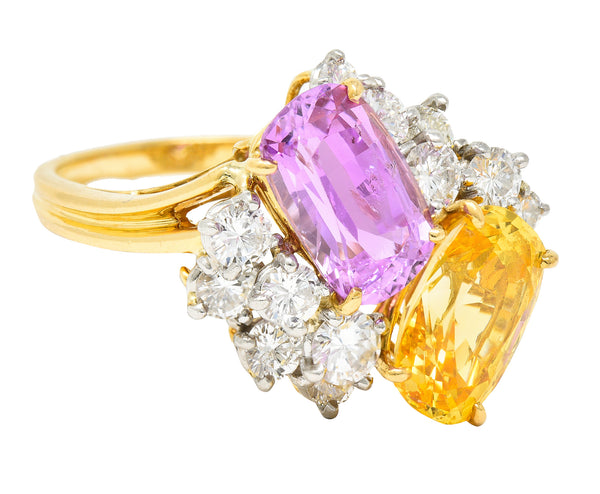 Oscar Heyman 11.12 CTW Pink & Yellow Sapphire Diamond Platinum 18 Karat Yellow Gold Cluster Cocktail Ring Wilson's Estate Jewelry