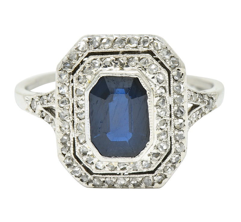 1920's Early Art Deco 1.75 CTW Sapphire Diamond Platinum Double Halo Ring Wilson's Estate Jewelry
