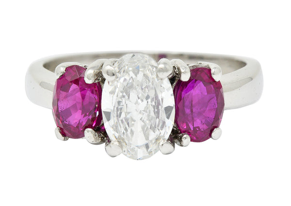 1950's Mid-Century 2.13 CTW Diamond Ruby Platinum Three Stone Ring GIARing - Wilson's Estate Jewelry