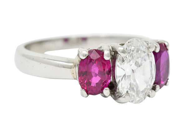 1950's Mid-Century 2.13 CTW Diamond Ruby Platinum Three Stone Ring GIARing - Wilson's Estate Jewelry