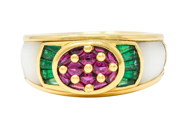 1990s Mauboussin Paris Ruby Emerald Mother-Of-Pearl 18 Karat Gold Band RingRing - Wilson's Estate Jewelry