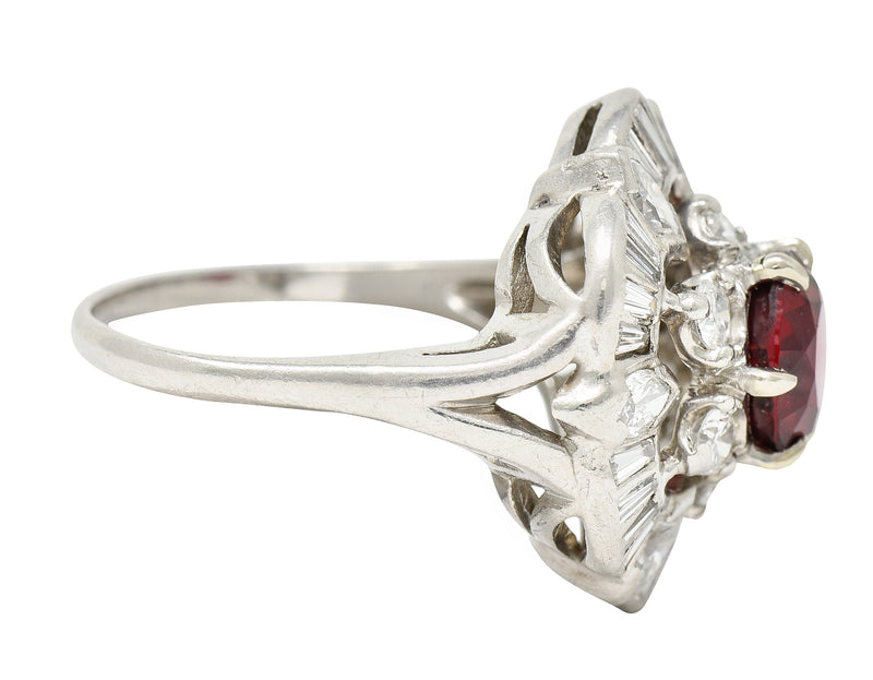 1950's Mid-Century 2.77 CTW Red Spinel Diamond Platinum Cluster Cocktail Ring Wilson's Estate Jewelry