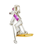 Art Deco Ruby Diamond 18 Karat Gold Platinum Cross Country Skiing Charm - Wilson's Estate Jewelry