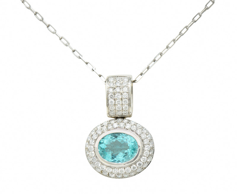 5.50 CTW Paraiba Type Tourmaline Diamond 18 Karat White Gold Contemporary Pendant Necklace GIA Wilson's Estate Jewelry