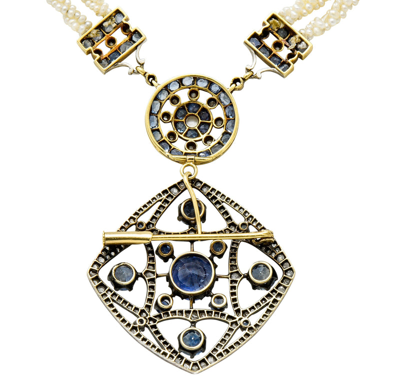 Victorian Sapphire Diamond Pearl Silver-Topped 18 Karat Gold Strand Pendant Sautoir NecklaceNecklace - Wilson's Estate Jewelry