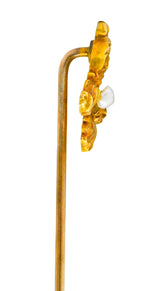 Art Nouveau Natural Freshwater Pearl 14 Karat Gold Scrolled Foliate Green Man Stickpin - Wilson's Estate Jewelry