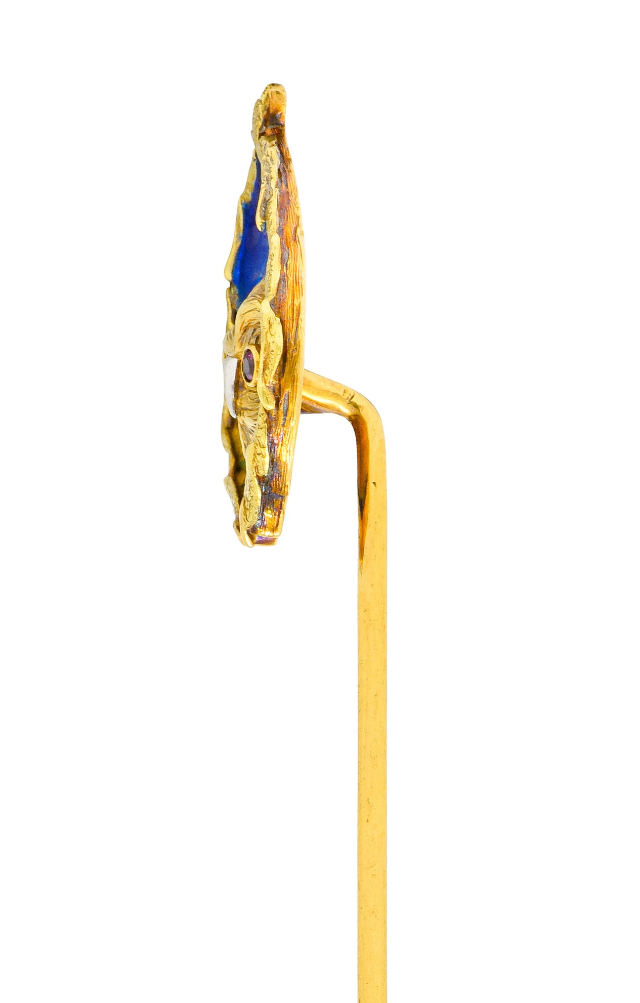 Arts & Crafts Plique-à-Jour Enamel Ruby 18 Karat Gold Foliate Owl Stickpin - Wilson's Estate Jewelry