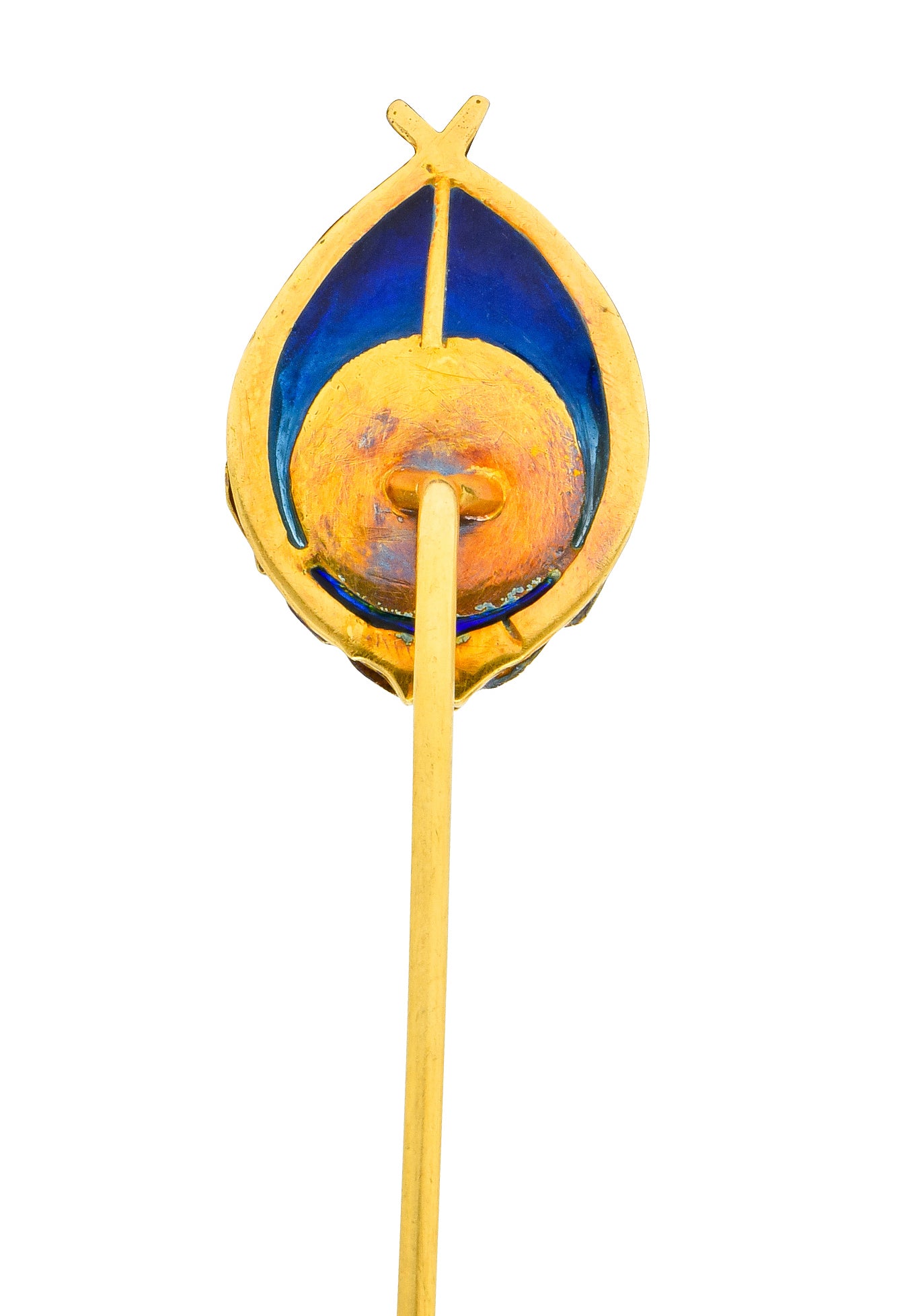 Arts & Crafts Plique-à-Jour Enamel Ruby 18 Karat Gold Foliate Owl Stickpin - Wilson's Estate Jewelry