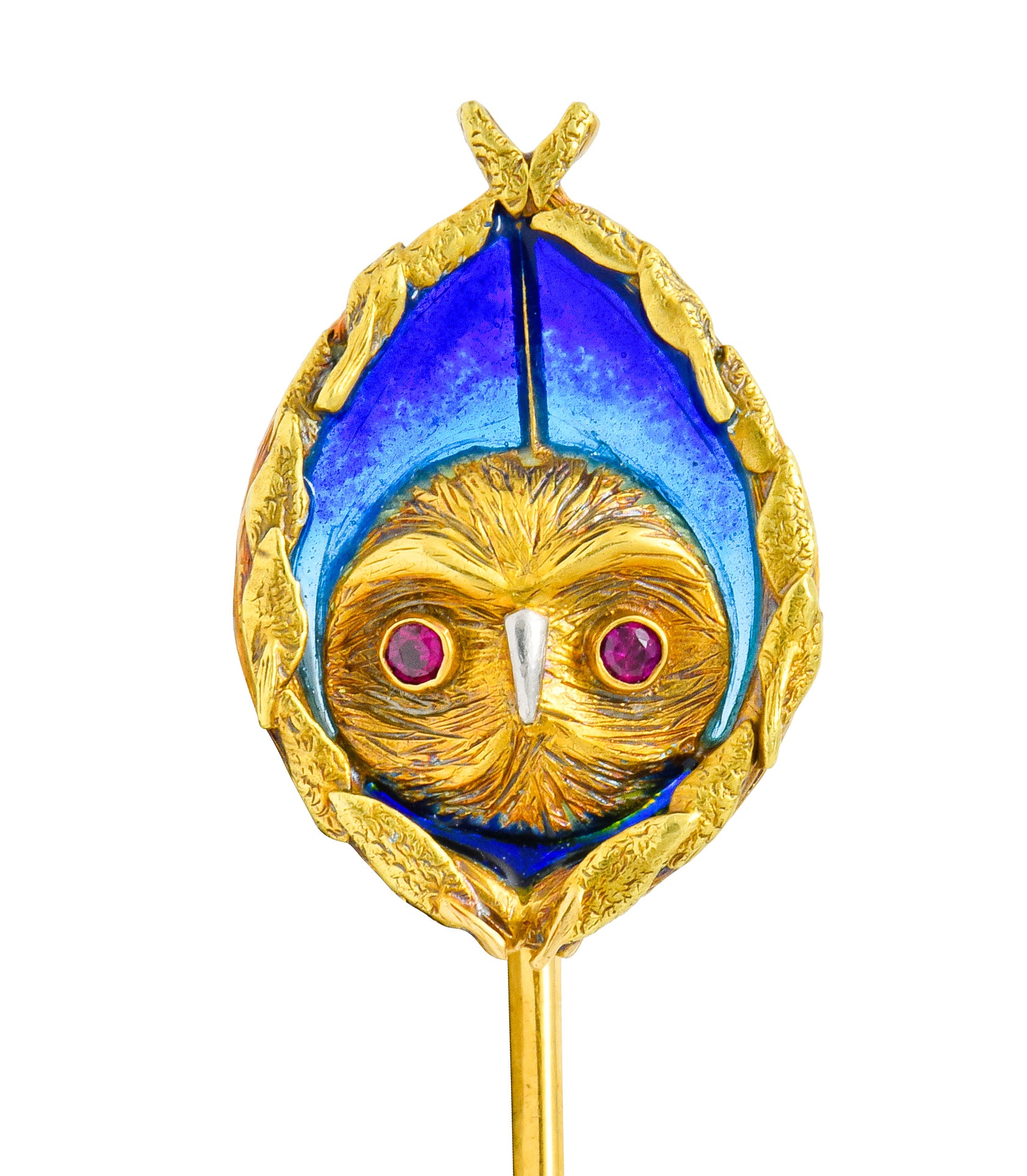 Arts & Crafts Plique-à-Jour Enamel Ruby 18 Karat Gold Foliate Owl Stickpin - Wilson's Estate Jewelry
