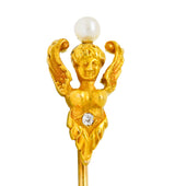H.A. Kirby Art Nouveau Pearl Diamond 14 Karat Gold Angel Stickpin - Wilson's Estate Jewelry