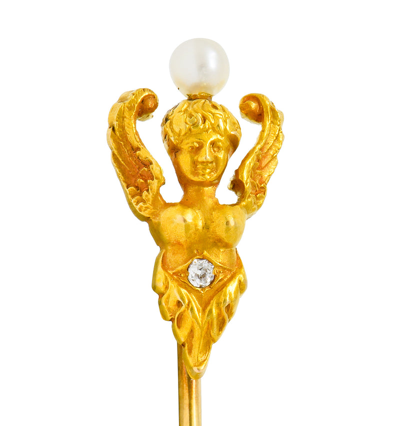 H.A. Kirby Art Nouveau Pearl Diamond 14 Karat Gold Angel Stickpin - Wilson's Estate Jewelry