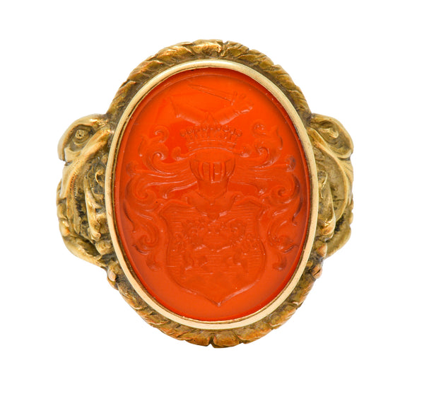 Victorian Carnelian Intaglio 14 Karat Gold Heraldry Men's Dragon Signet Ring - Wilson's Estate Jewelry