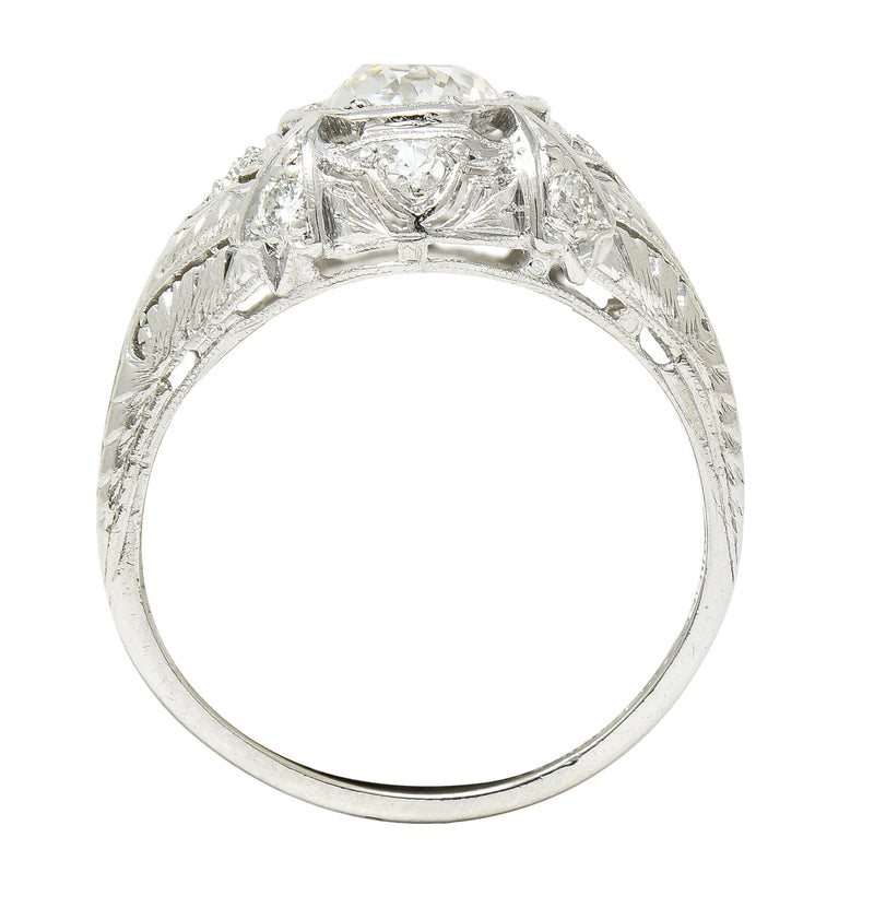 Katz & Ogush Inc. Art Deco 1.15 CTW Old European Cut Diamond Platinum Engraved Foliate Bombé Engagement Ring Wilson's Estate Jewelry