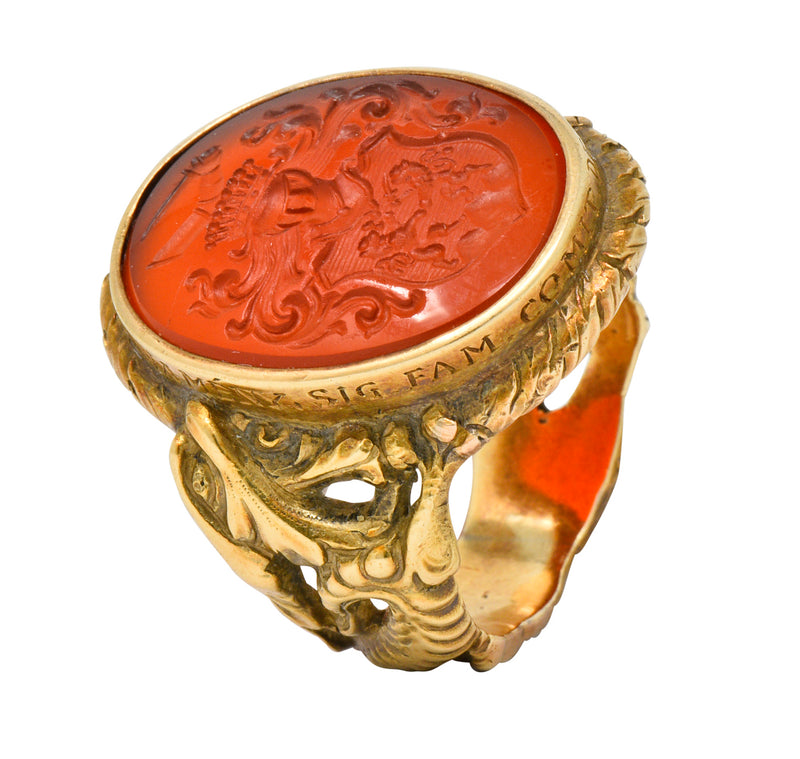 Victorian Carnelian Intaglio 14 Karat Gold Heraldry Men's Dragon Signet ...