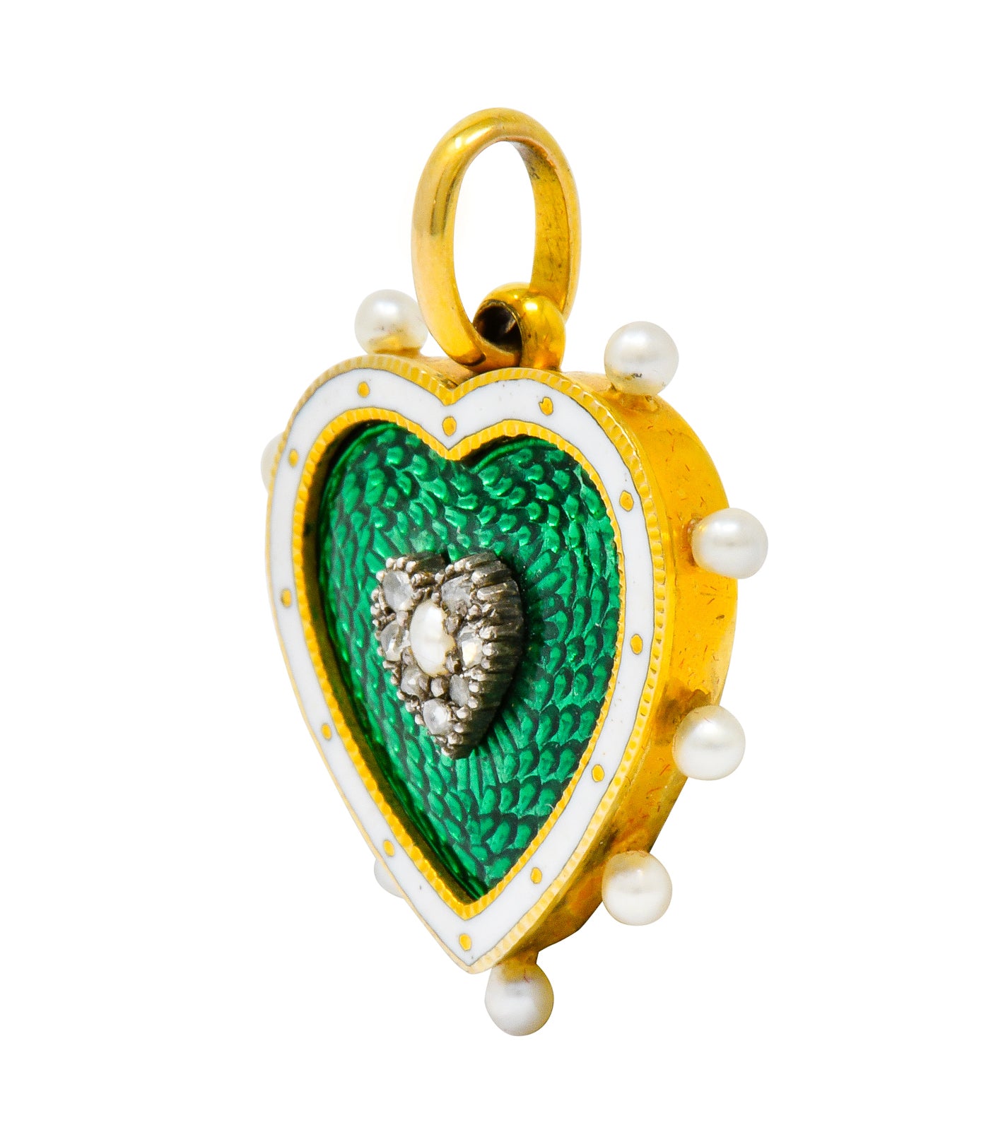 Victorian Green Enamel Pearl Diamond 18 Karat Gold Heart Pendant - Wilson's Estate Jewelry