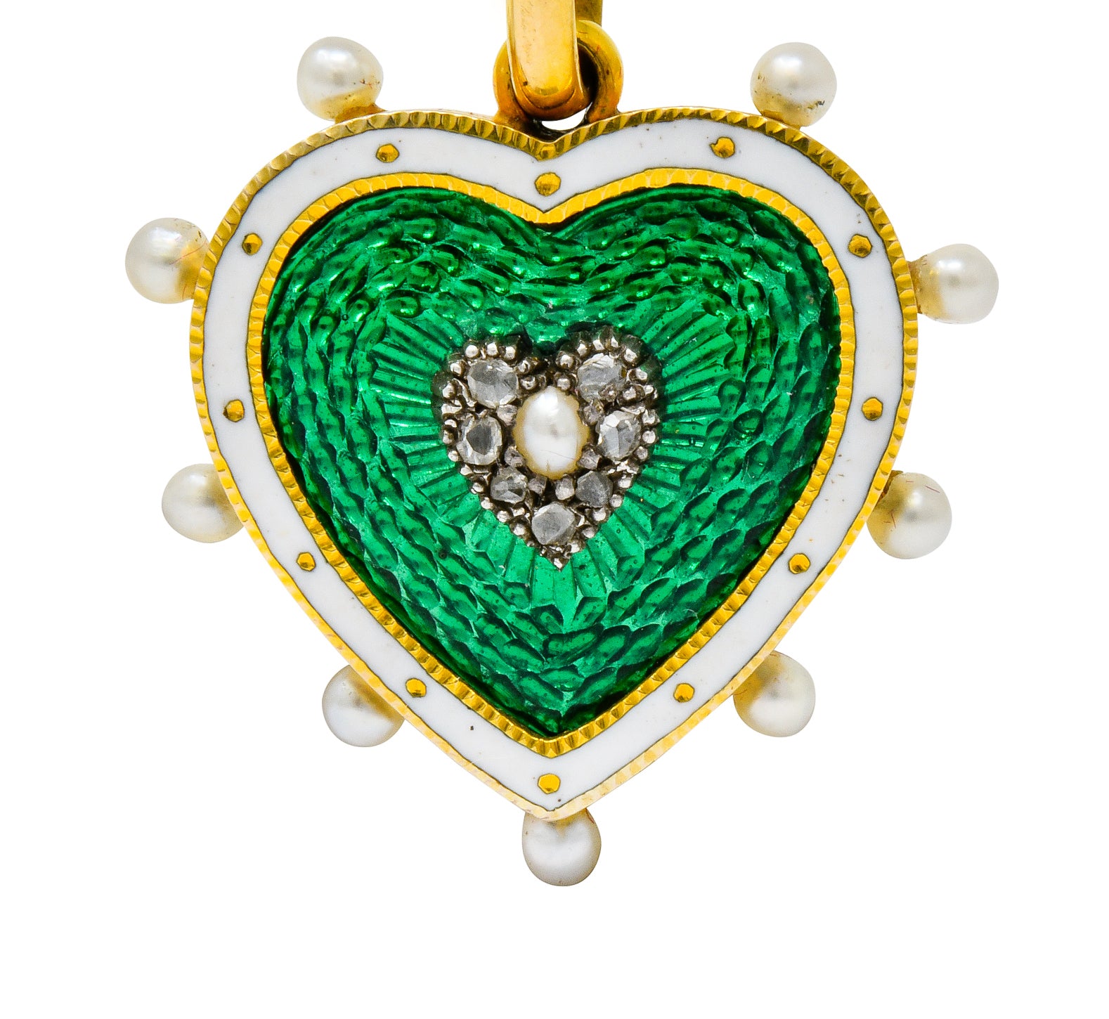 Victorian Green Enamel Pearl Diamond 18 Karat Gold Heart Pendant - Wilson's Estate Jewelry