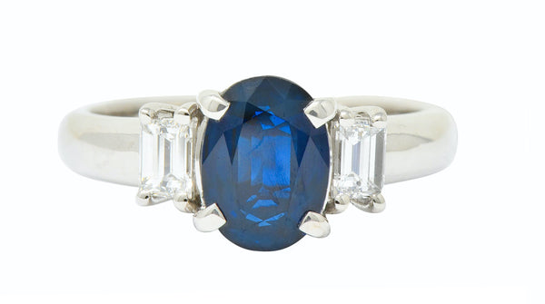 Contemporary 2.08 CTW Sapphire Diamond Platinum Three Stone RingRing - Wilson's Estate Jewelry