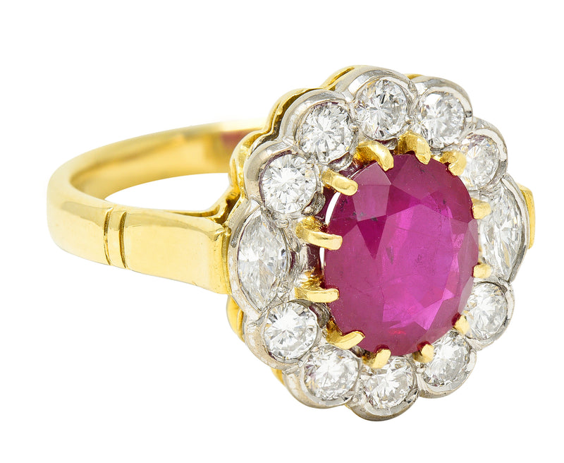 Vintage 3.00 CTW Ruby Diamond 18 Karat Two-Tone Gold Cluster Ring Wilson's Estate Jewelry