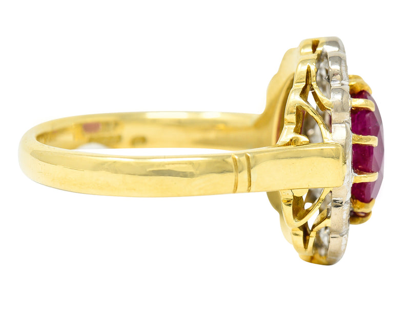 Vintage 3.00 CTW Ruby Diamond 18 Karat Two-Tone Gold Cluster Ring Wilson's Estate Jewelry