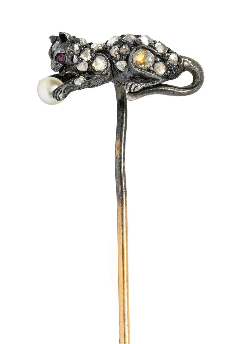 Victorian Pearl Rose Cut Diamond Silver 18 Karat Gold Kitten StickpinStick Pin - Wilson's Estate Jewelry