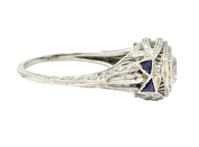 Art Deco 0.65 CTW Diamond Sapphire 18 Karat White Gold Engagement Ring Wilson's Estate Jewelry
