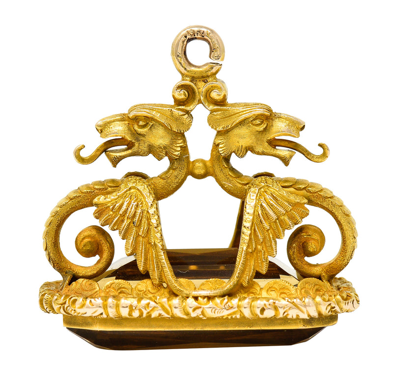 Art Nouveau Citrine 18 Karat Yellow Gold Serpent Dragon Fob Pendant Charm Wilson's Estate Jewelry