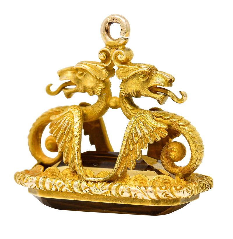 Art Nouveau Citrine 18 Karat Yellow Gold Serpent Dragon Fob Pendant Charm Wilson's Estate Jewelry
