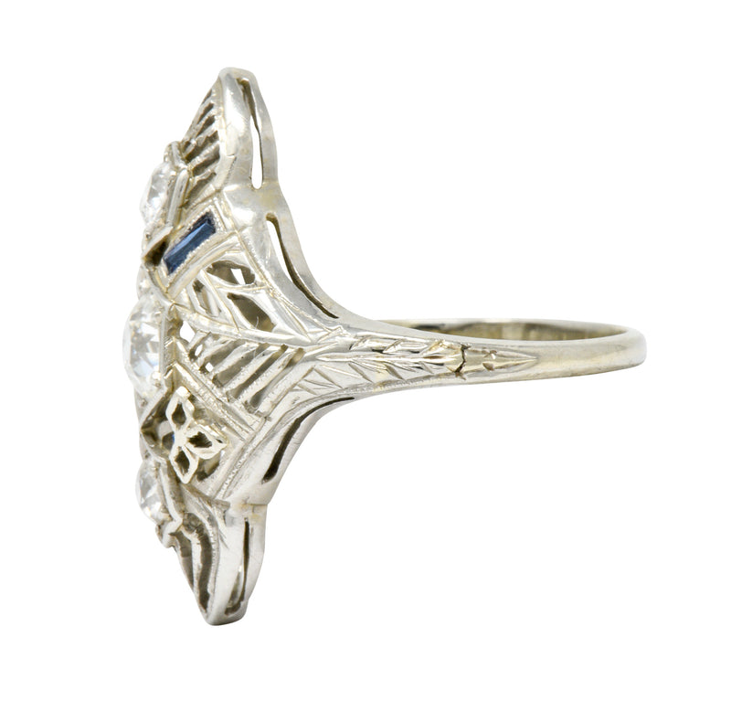 Art Deco 0.62 CTW Diamond Sapphire 18 Karat White Gold Dinner Ring Wilson's Estate Jewelry