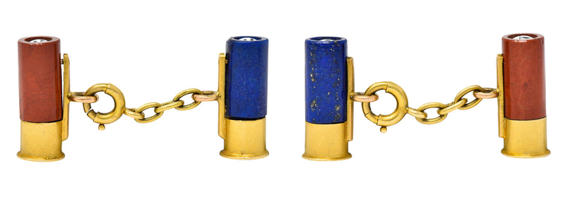 Victorian French Lapis Lazuli Carnelian Diamond Enamel 18 Karat Yellow Gold Bullet Cartridge Antique Interchangeable Cufflinks Wilson's Estate Jewelry