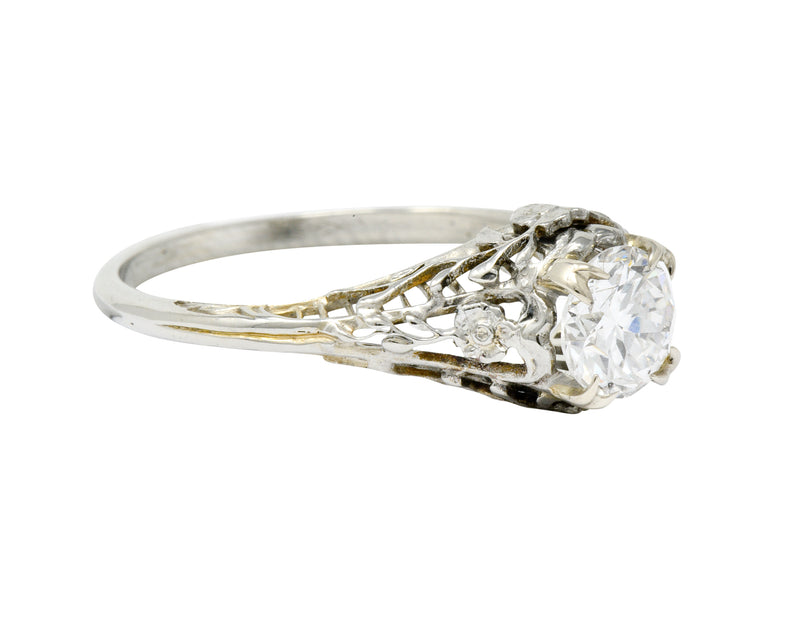Edwardian 0.73 CTW Diamond 18 Karat White Gold Floral Engagement Ring GIA Wilson's Estate Jewelry