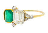 1920's Art Deco Diamond Emerald Platinum-Topped 18 Karat Gold Double RingRing - Wilson's Estate Jewelry
