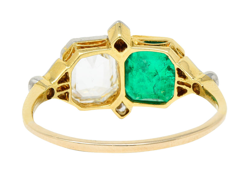 1920's Art Deco Diamond Emerald Platinum-Topped 18 Karat Gold Double RingRing - Wilson's Estate Jewelry