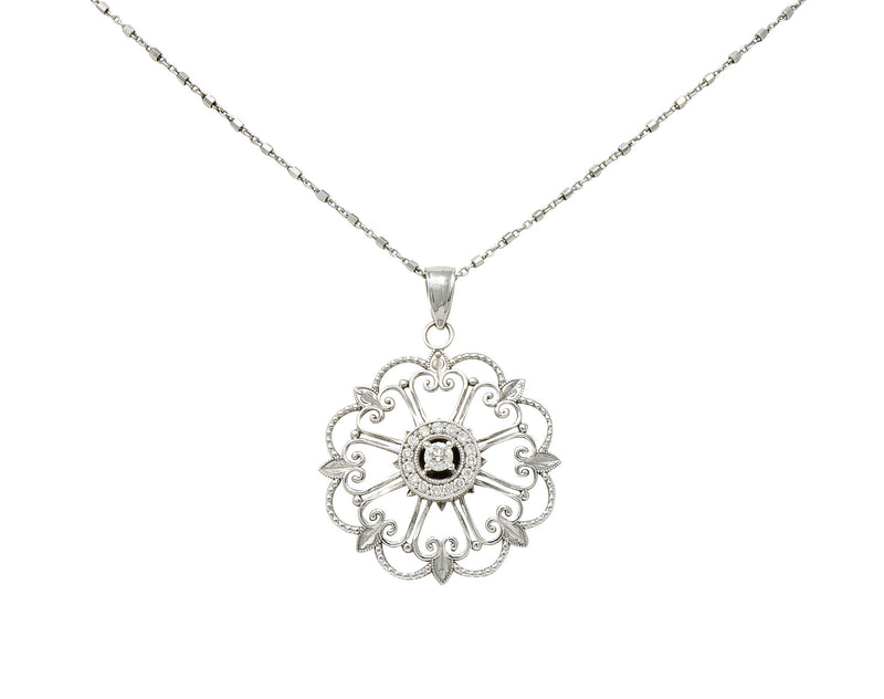 Modern Diamond 14 Karat White Gold Floral Mandala Pendant NecklaceNecklace - Wilson's Estate Jewelry