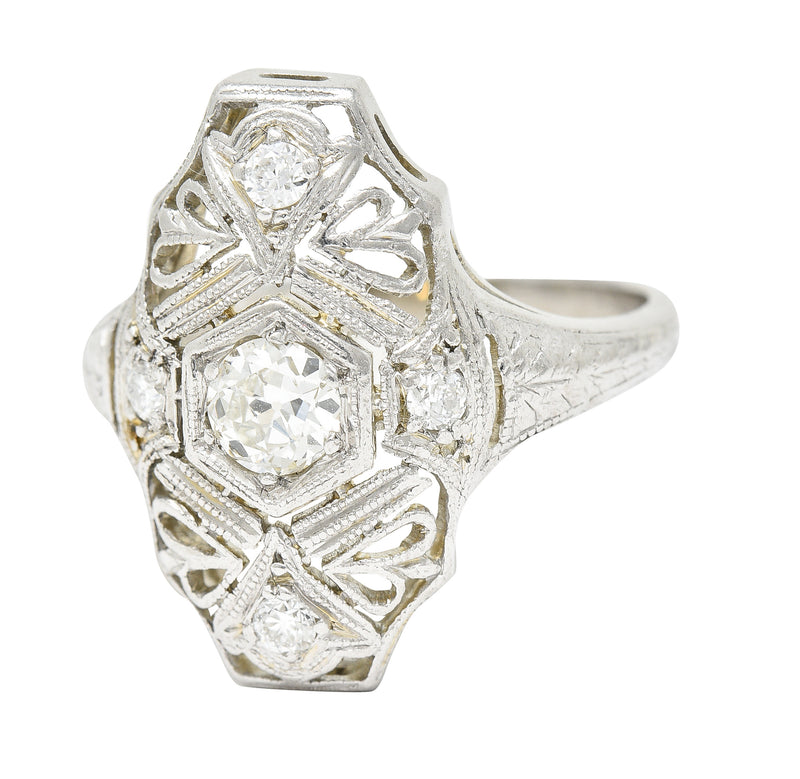 1950's Mid-Century Old European Cut Diamond 18 Karat White Gold Filigree Vintage Dinner Ring Wilson's Estate Jewelry
