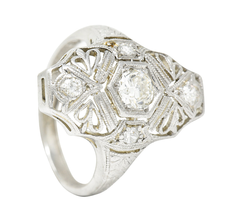 1950's Mid-Century Old European Cut Diamond 18 Karat White Gold Filigree Vintage Dinner Ring Wilson's Estate Jewelry