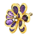 Vendorafa Lombardi 1960's Diamond Amethyst 18 Karat Two-Tone Gold Flower Vintage Pendant Brooch Wilson's Estate Jewelry