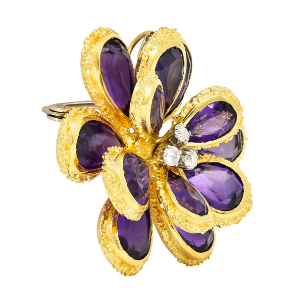 Vendorafa Lombardi 1960's Diamond Amethyst 18 Karat Two-Tone Gold Flower Vintage Pendant Brooch Wilson's Estate Jewelry