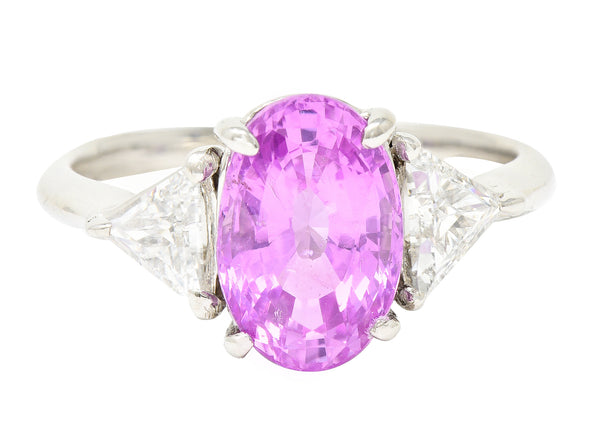 .11111 *Contemporary 4.21 CTW Oval Cut No-Heat Sri Lankan Pink Sapphire Trillion Cut Diamond Platinum Three Stone Ring GIA Wilson's Estate Jewelry