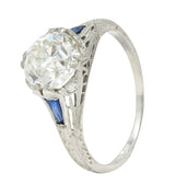 Art Deco 1.95 CTW Diamond Sapphire Platinum Engagement Ring GIA Wilson's Estate Jewelry
