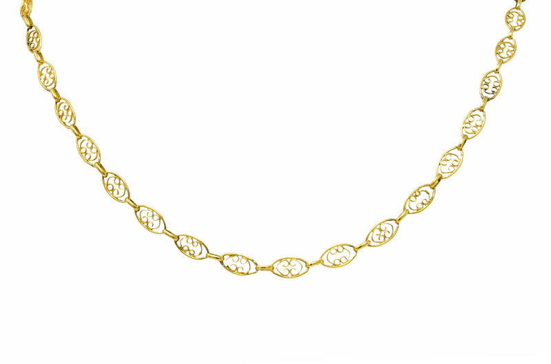1900 Victorian 18 Karat Gold 24 Inch Scrolled Navette Chain Link NecklaceNecklace - Wilson's Estate Jewelry