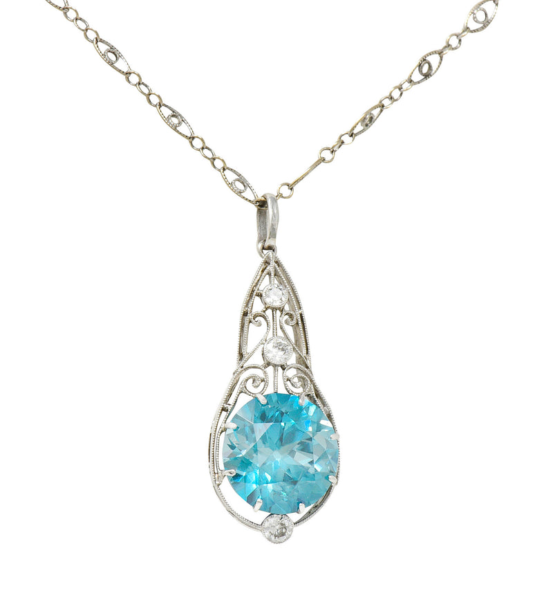 Art Deco Blue Zircon Diamond Platinum Scrolled Pendant NecklaceNecklace - Wilson's Estate Jewelry