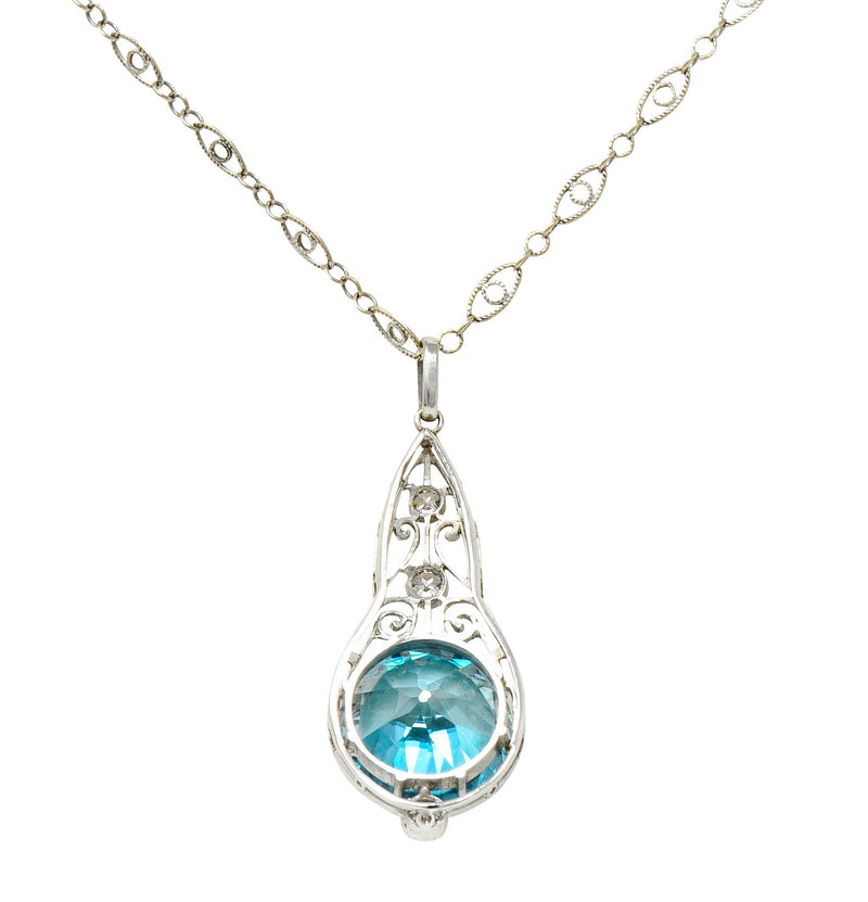 Art Deco Blue Zircon Diamond Platinum Scrolled Pendant NecklaceNecklace - Wilson's Estate Jewelry