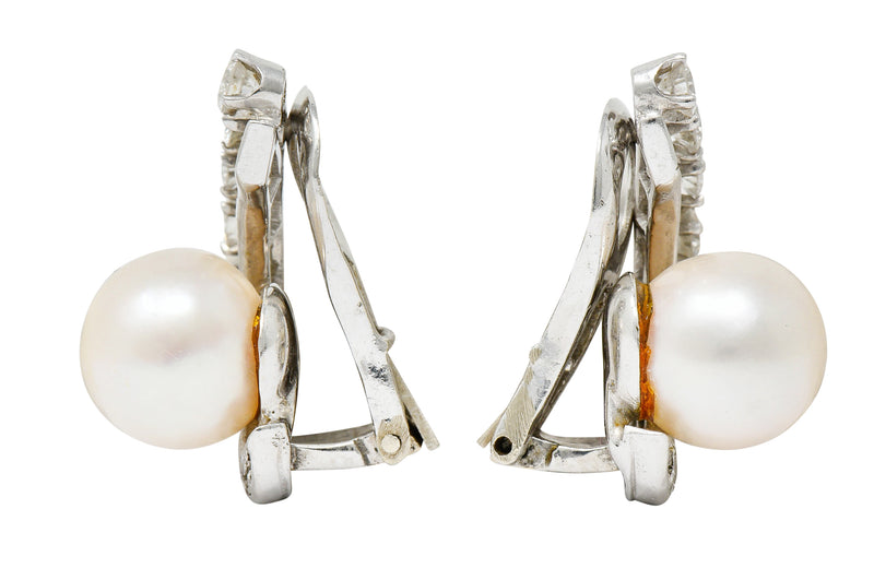 Mid Century Pearl 1.78 CTW Diamond Platinum Ear-Clip EarringsEarrings - Wilson's Estate Jewelry