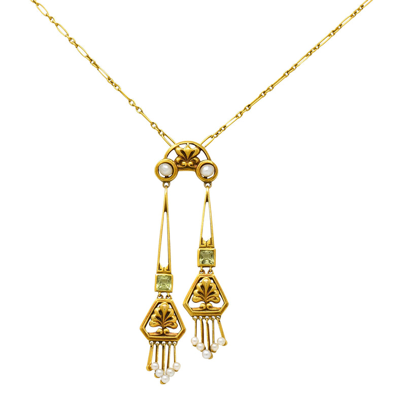1905 Art Nouveau Peridot Pearl 14 Karat Gold Negligee Lariat Necklace ...