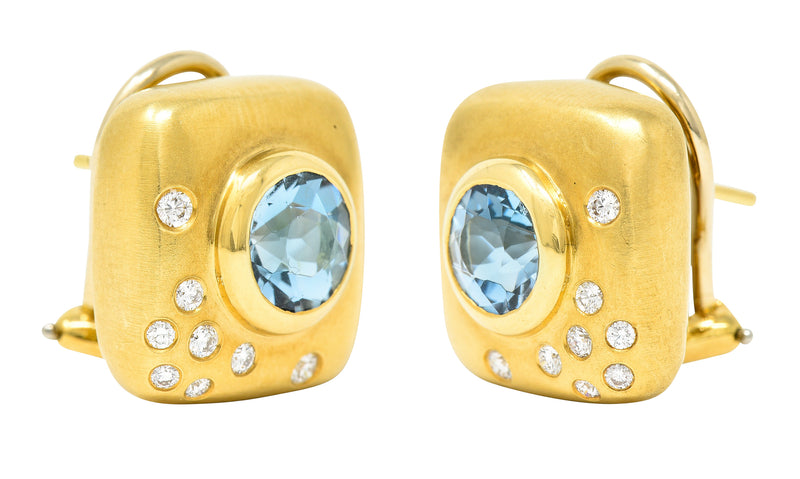 1997 Angela Cummings 2.58 CTW Aquamarine Diamond 18 Karat Yellow Gold Vintage Stud Earrings Wilson's Estate Jewelry
