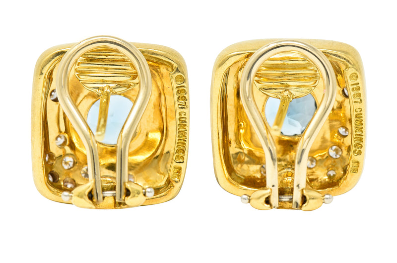 1997 Angela Cummings 2.58 CTW Aquamarine Diamond 18 Karat Yellow Gold Vintage Stud Earrings Wilson's Estate Jewelry