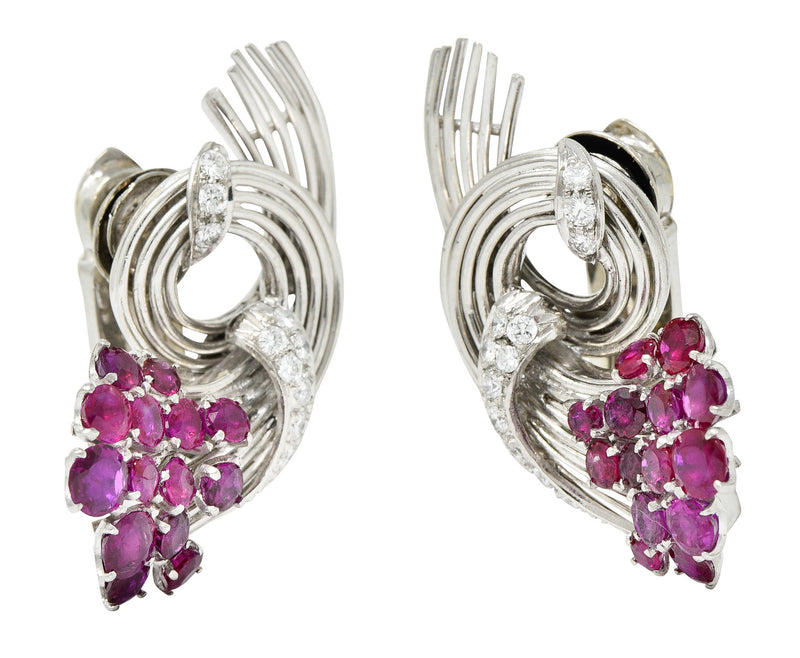 Retro 4.65 CTW Ruby Diamond Platinum Spiraling Ear-Clip EarringsEarrings - Wilson's Estate Jewelry
