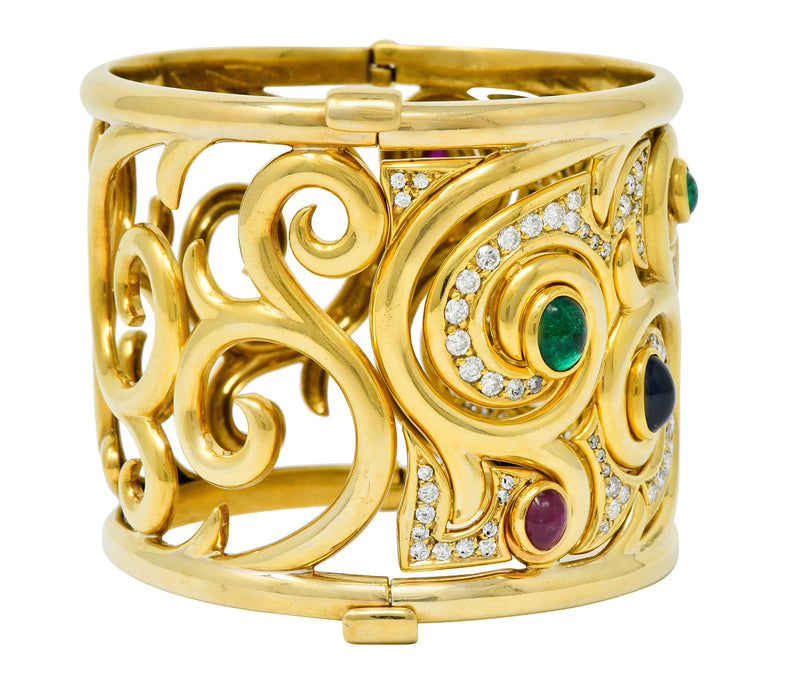 Substantial Bulgari Diamond Sapphire Ruby Emerald 18 Karat Gold Italian Filigree Bangle Braceletbracelet - Wilson's Estate Jewelry