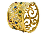 Substantial Bulgari Diamond Sapphire Ruby Emerald 18 Karat Gold Italian Filigree Bangle Braceletbracelet - Wilson's Estate Jewelry