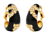 Vintage 2.50 CTW Diamond Enamel 18 Karat Yellow Gold Patterned Ear-Clip J-Hoop Earrings Wilson's Estate Jewelry